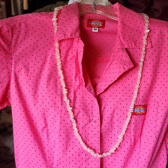 Y2K Dickies Sz M Barbie Pink Black Polkadot Buttondown Dress Worksiren Festival - Picture 10 of 14